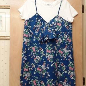Boho Blue Ruffle Floral  TeeShirt Dress Pull&Bear